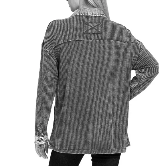 Women's Mocha Cotton Waffle Acid Wash Shacket - Picture 2 of 8